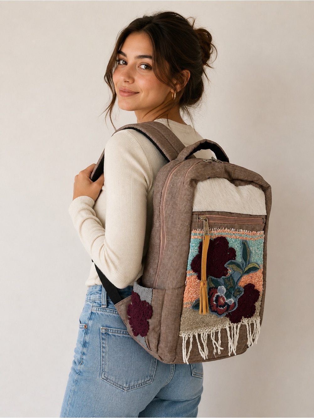 Boho Floral Hand Embroidered Patchwork Upcycled Backpack Mauve